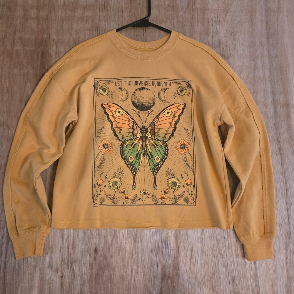 Celestial Let The Universe Guide You Butterfly Graphic Sweatshirt Yellow XS